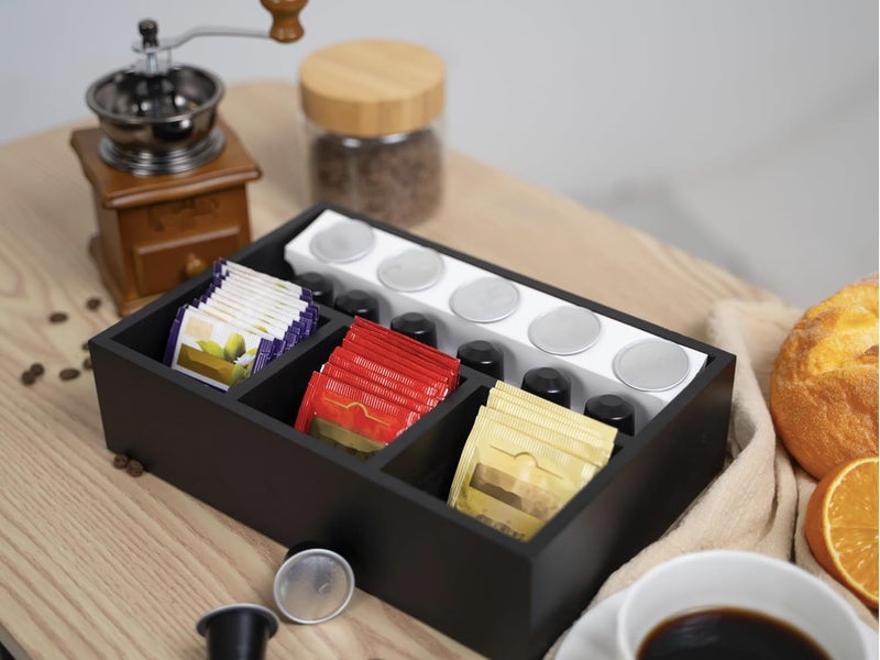 HymoConn Tea Bag Organizer Wood Black, 4 Compartments Tea Bag Holder, Large Capacity Sugar Packet and Coffee Station Organizer, Tea Bags Caddy Drawer Storage Container for Countertop - Image 4